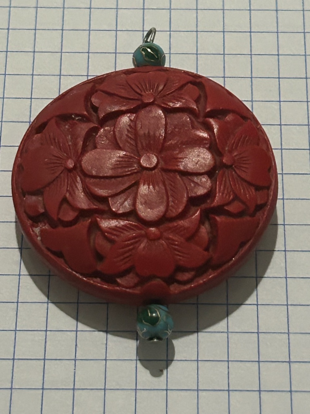 Vintage Chinese Cinnabar Lacquer Pendant 2 Small Floral Cloisonné Beads 1.75